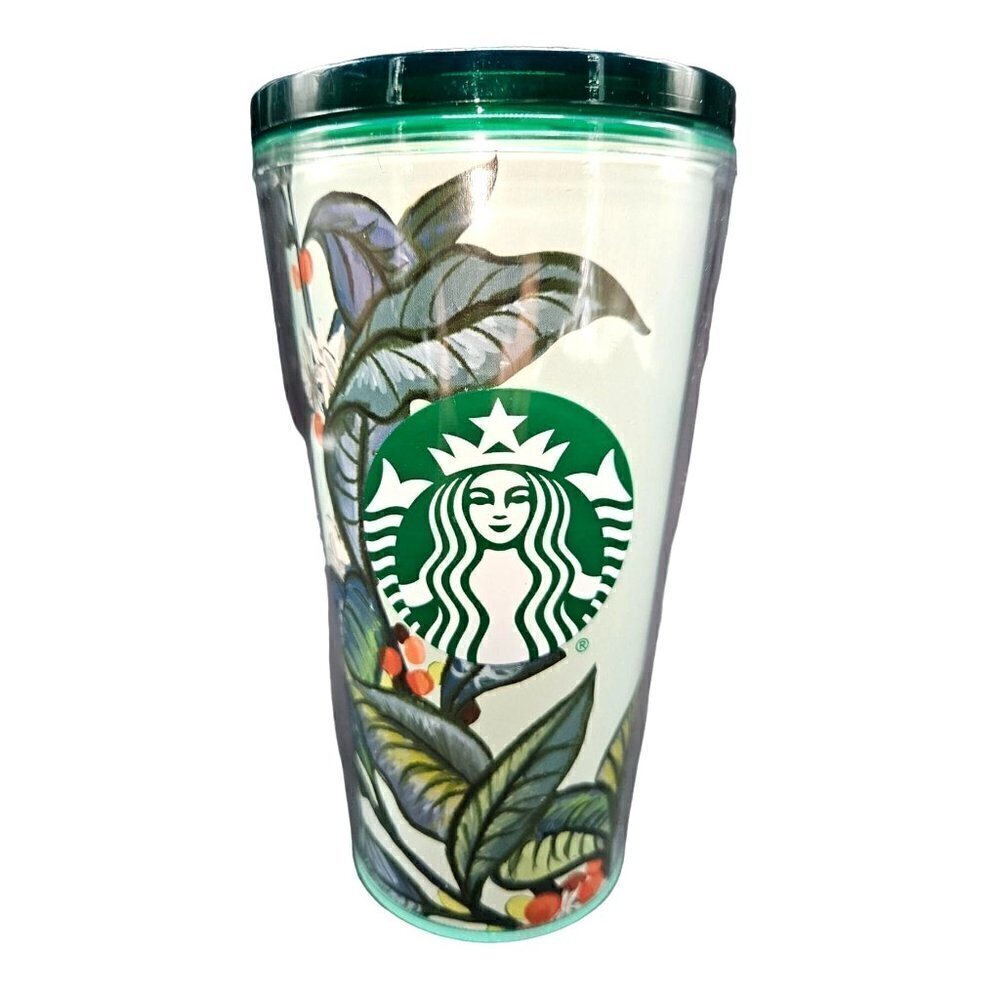 2021 Starbucks Tumbler‎ Cup 16 ozs Seal Lid Straw Green Orange Floral Tropical